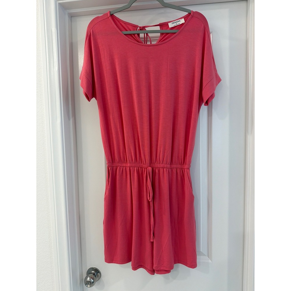 Zenana Romper Womens Large Coral Pink Short Sleeve Drawstring Waist RP-2171AB